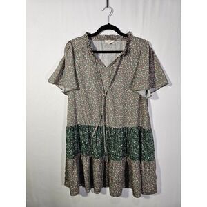 Cottagecore Boho Easel Floral Tiered Babydoll Dress Womens Medium Green